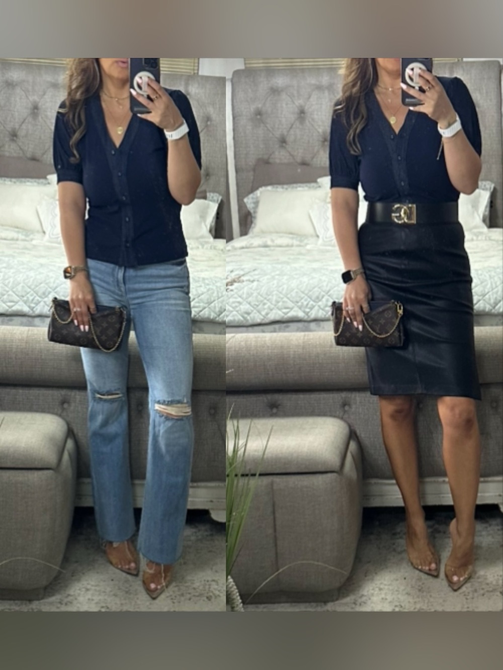 New💙 Navy Denim Trim Button Front V-Neck Top